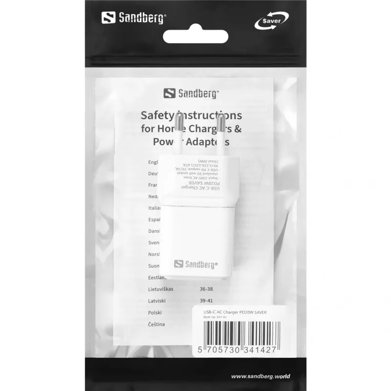 Sandberg USB-C AC Charger PD20W SAVER, Indoor, AC, 12 V, 3 A, biały