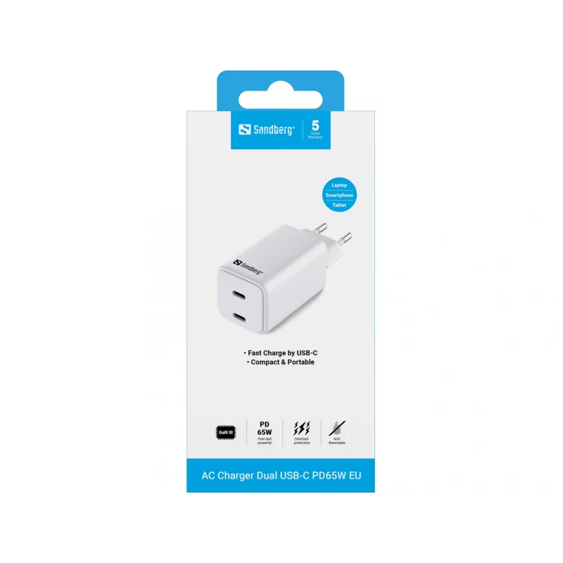 Sandberg AC Charger Dual USB-C PD65W EU, do użytku wewnętrznego, AC, 20 V, 3,25 A, biała