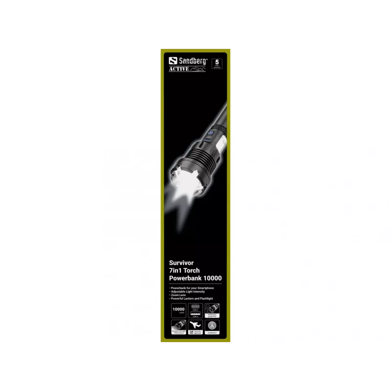 Sandberg Survivor 7in1 Torch Powerbank 10000, latarka ręczna, Czarny, Aluminium, LED, 2 lampy, 500 lm