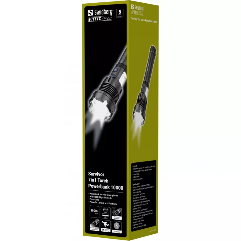 Sandberg Survivor 7in1 Torch Powerbank 10000, latarka ręczna, Czarny, Aluminium, LED, 2 lampy, 500 lm