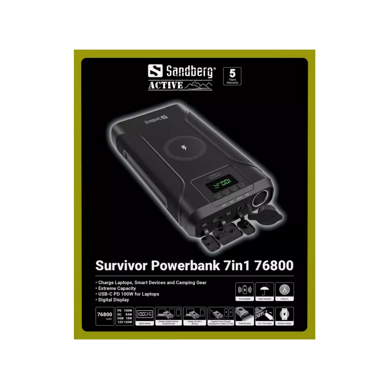 Sandberg Survivor Powerbank 7in1 76800, 76800 mAh, litowo-jonowa (Li-Ion), ładowanie bezprzewodowe, 3,6 V, czarny