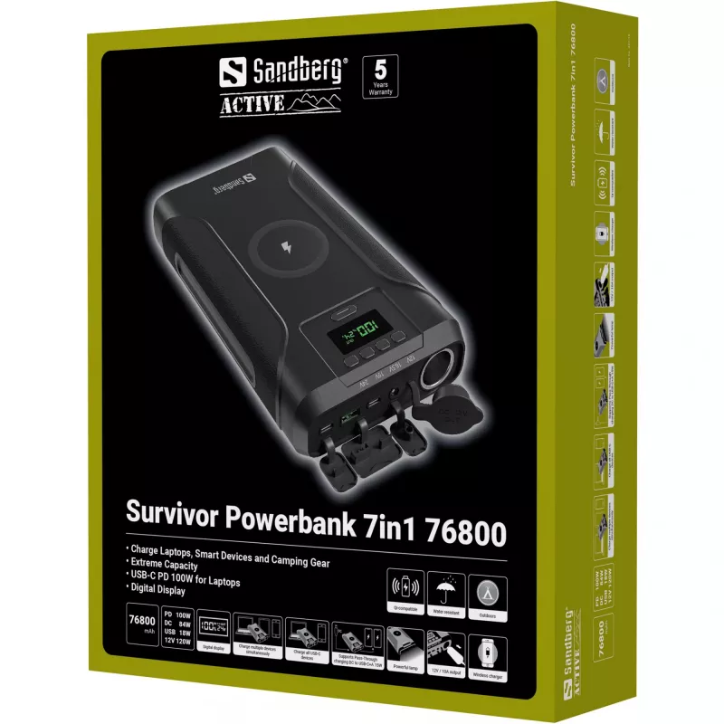 Sandberg Survivor Powerbank 7in1 76800, 76800 mAh, litowo-jonowa (Li-Ion), ładowanie bezprzewodowe, 3,6 V, czarny