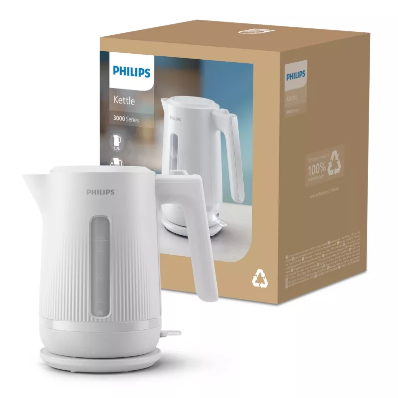 Czajnik Philips serii 3000, 1,7 l, 2200 W, biały, plastikowy, ochrona przed przegrzaniem, bezprzewodowy