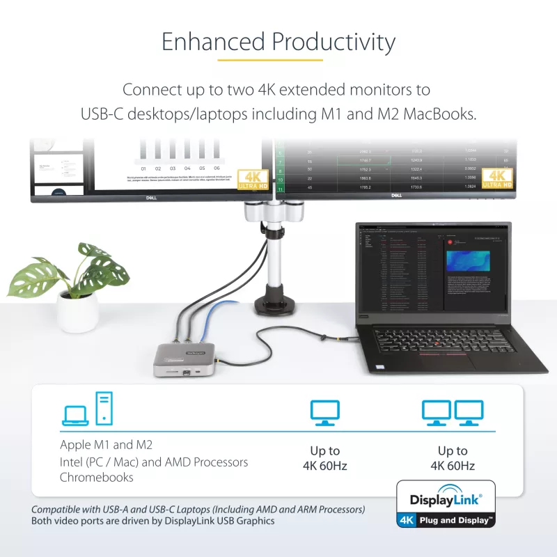 Stacja dokująca StarTech.com USB C, podwójne HDMI 4K 60 Hz, kompatybilna z Macbook Pro (M1/M2/M3/M4) i Windows, hub USB-A/USB-C 10 Gb/s, zasilanie Power Delivery 100 W, GbE, SD, kabel 22 cale/56 cm