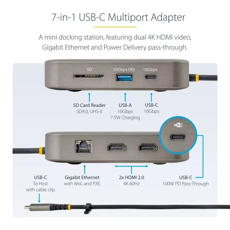 Stacja dokująca StarTech.com USB C, podwójne HDMI 4K 60 Hz, kompatybilna z Macbook Pro (M1/M2/M3/M4) i Windows, hub USB-A/USB-C 10 Gb/s, zasilanie Power Delivery 100 W, GbE, SD, kabel 22 cale/56 cm