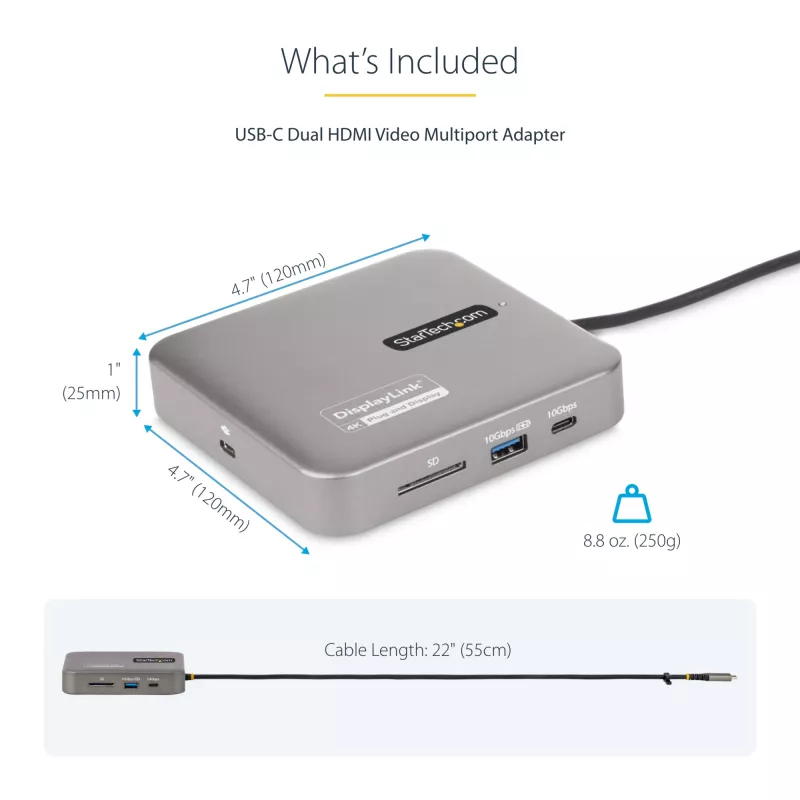 Stacja dokująca StarTech.com USB C, podwójne HDMI 4K 60 Hz, kompatybilna z Macbook Pro (M1/M2/M3/M4) i Windows, hub USB-A/USB-C 10 Gb/s, zasilanie Power Delivery 100 W, GbE, SD, kabel 22 cale/56 cm