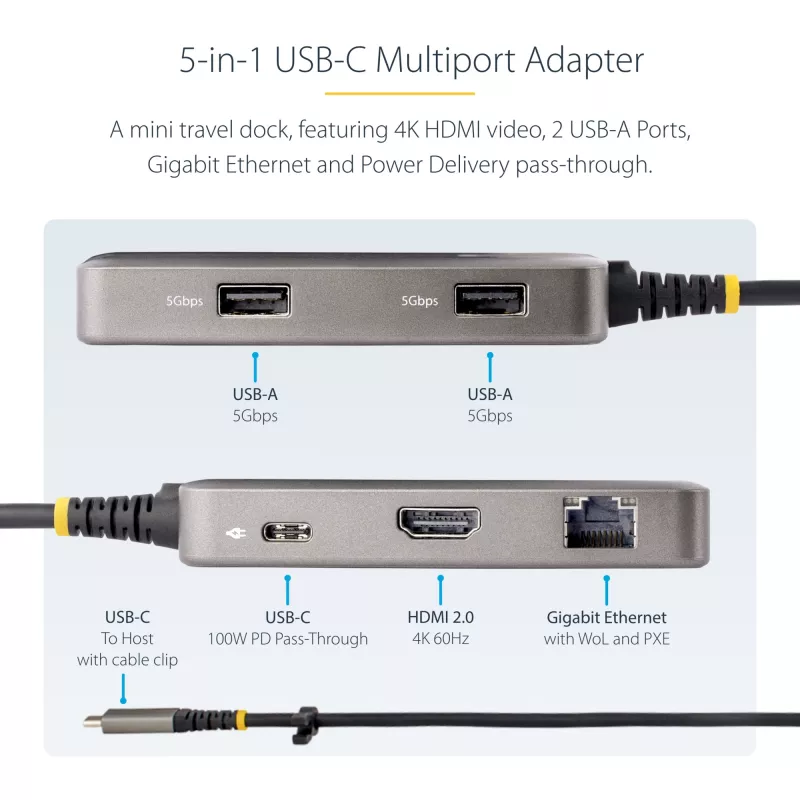 Wieloportowy adapter USB-C StarTech.com – 4K 60Hz HDMI – HDR – 2-portowy hub USB 3.0 5 Gb/s – 100W Power Delivery Pass-Through – GbE – certyfikat Works with Chromebook – Windows/macOS