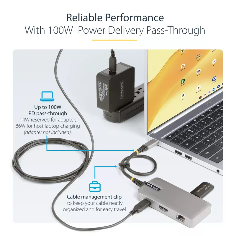 Wieloportowy adapter USB-C StarTech.com – 4K 60Hz HDMI – HDR – 2-portowy hub USB 3.0 5 Gb/s – 100W Power Delivery Pass-Through – GbE – certyfikat Works with Chromebook – Windows/macOS