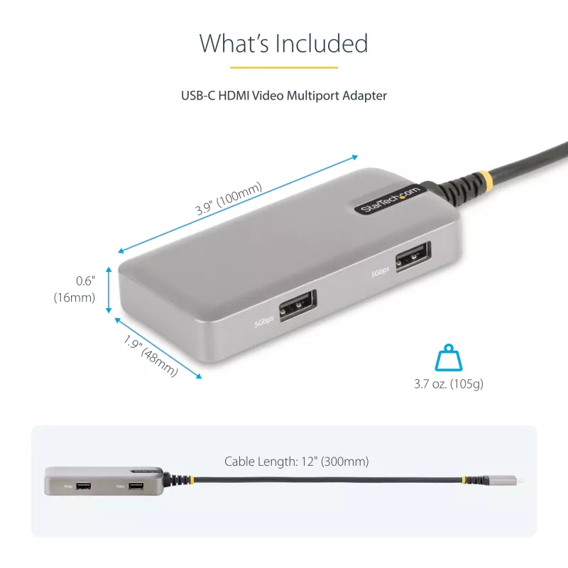 Wieloportowy adapter USB-C StarTech.com – 4K 60Hz HDMI – HDR – 2-portowy hub USB 3.0 5 Gb/s – 100W Power Delivery Pass-Through – GbE – certyfikat Works with Chromebook – Windows/macOS