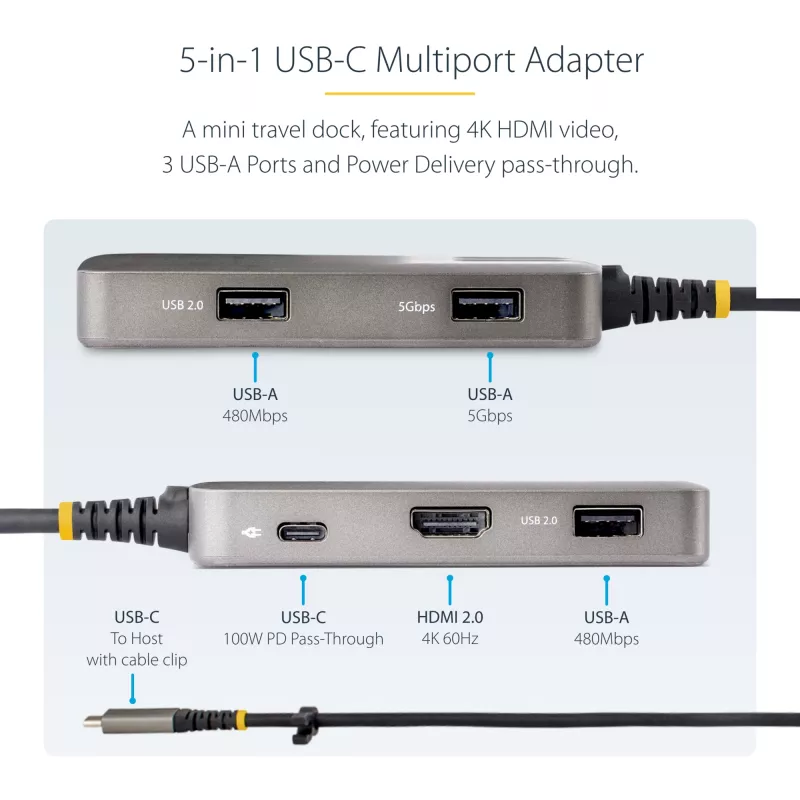 StarTech.com USB-C Multiport Adapter - 4K 60Hz HDMI z HDR - 3-portowy hub USB - 100W przelotowe zasilanie Power Delivery - Works With Chromebook certified - Windows/macOS/iPadOS/Android™