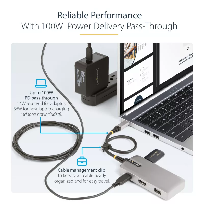 StarTech.com USB-C Multiport Adapter - 4K 60Hz HDMI z HDR - 3-portowy hub USB - 100W przelotowe zasilanie Power Delivery - Works With Chromebook certified - Windows/macOS/iPadOS/Android™