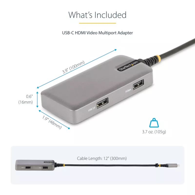 StarTech.com USB-C Multiport Adapter - 4K 60Hz HDMI z HDR - 3-portowy hub USB - 100W przelotowe zasilanie Power Delivery - Works With Chromebook certified - Windows/macOS/iPadOS/Android™