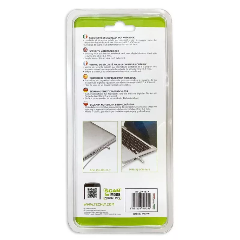 Techy Combination Notebook Security Padlock dla nano slotu, 1,8 m, Zamek szyfrowy, Metal, Stal, Srebrny