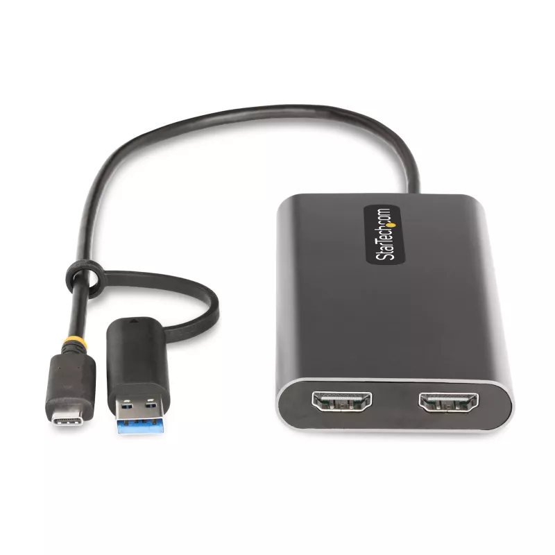 Adapter StarTech.com USB-C do dwóch HDMI - USB-C lub A do 2x HDMI - 4K 60 Hz - Przelotowe ładowanie Power Delivery 100 W - Wbudowany kabel 0,3 m (1 ft) - Konwerter USB na HDMI do wielu monitorów dla laptopa - TAA