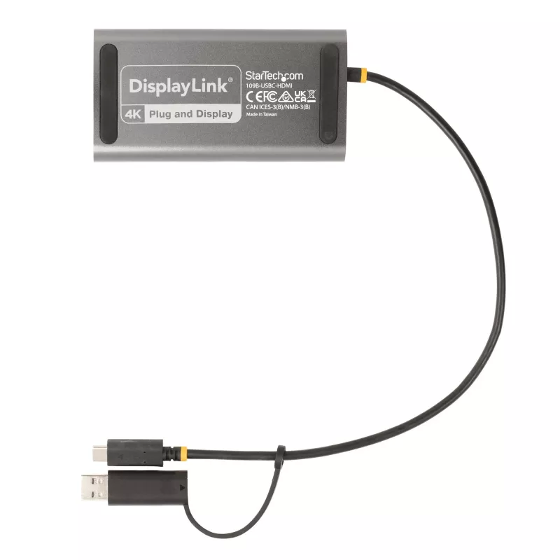 Adapter StarTech.com USB-C do dwóch HDMI - USB-C lub A do 2x HDMI - 4K 60 Hz - Przelotowe ładowanie Power Delivery 100 W - Wbudowany kabel 0,3 m (1 ft) - Konwerter USB na HDMI do wielu monitorów dla laptopa - TAA