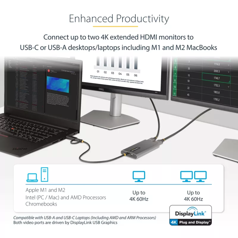 Adapter StarTech.com USB-C do dwóch HDMI - USB-C lub A do 2x HDMI - 4K 60 Hz - Przelotowe ładowanie Power Delivery 100 W - Wbudowany kabel 0,3 m (1 ft) - Konwerter USB na HDMI do wielu monitorów dla laptopa - TAA