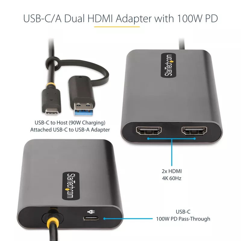 Adapter StarTech.com USB-C do dwóch HDMI - USB-C lub A do 2x HDMI - 4K 60 Hz - Przelotowe ładowanie Power Delivery 100 W - Wbudowany kabel 0,3 m (1 ft) - Konwerter USB na HDMI do wielu monitorów dla laptopa - TAA