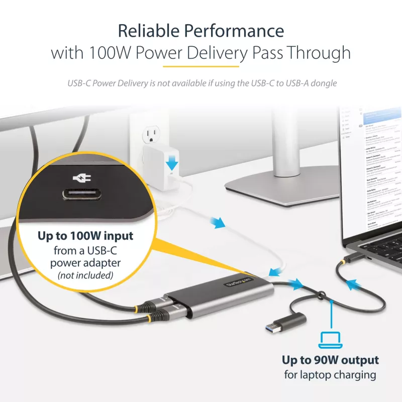 Adapter StarTech.com USB-C do dwóch HDMI - USB-C lub A do 2x HDMI - 4K 60 Hz - Przelotowe ładowanie Power Delivery 100 W - Wbudowany kabel 0,3 m (1 ft) - Konwerter USB na HDMI do wielu monitorów dla laptopa - TAA