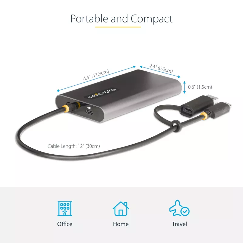 Adapter StarTech.com USB-C do dwóch HDMI - USB-C lub A do 2x HDMI - 4K 60 Hz - Przelotowe ładowanie Power Delivery 100 W - Wbudowany kabel 0,3 m (1 ft) - Konwerter USB na HDMI do wielu monitorów dla laptopa - TAA