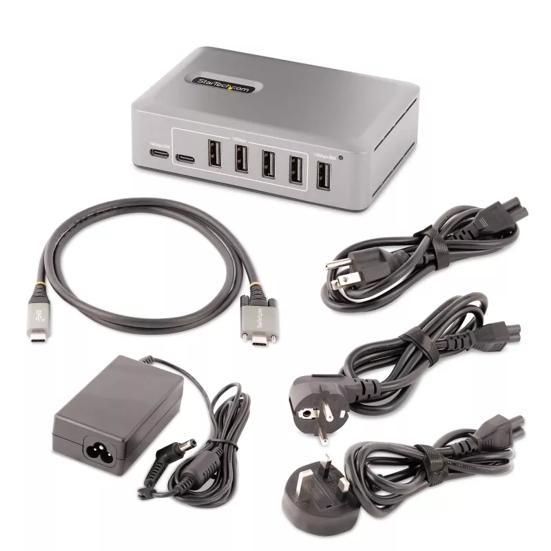 StarTech.com 10-portowy hub USB-C – 8x USB-A/2x USB-C – samodzielnie zasilany z zasilaczem 65 W – USB 3.1 10 Gb/s – hub USB do komputera stacjonarnego/laptopa z certyfikowanym kablem blokującym USB-IF o długości 0,9 m, hub USB C