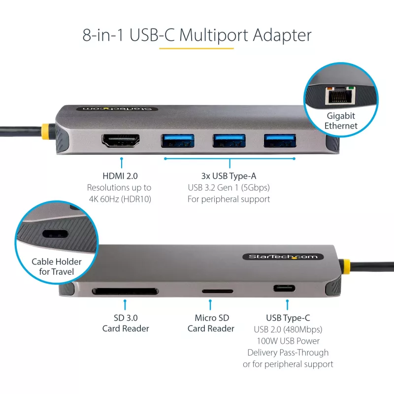 StarTech.com USB C Multiport Adapter 4K 60Hz HDMI Video, 3 Pt 5Gbps USB-A Hub, 100W USB Power Delivery Pass-Through/GbE/SD/MicroSD, 12 inch/30cm kabel, Travel Laptop Docking Station