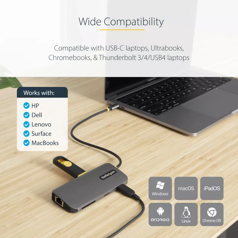 StarTech.com USB C Multiport Adapter 4K 60Hz HDMI Video, 3 Pt 5Gbps USB-A Hub, 100W USB Power Delivery Pass-Through/GbE/SD/MicroSD, 12 inch/30cm kabel, Travel Laptop Docking Station