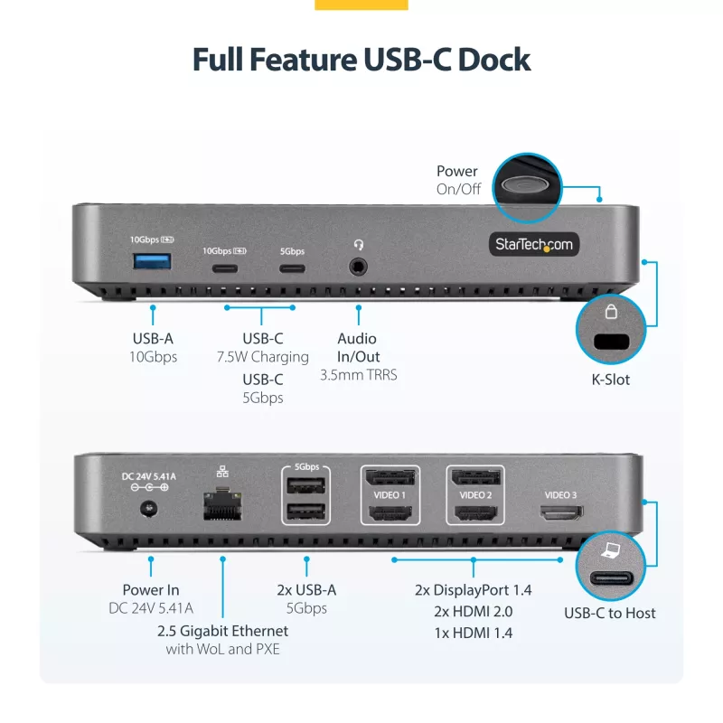 Stacja dokująca StarTech.com USB-C do trzech monitorów - HDMI/DP potrójne 4K USB-C - 5-portowy hub USB - GbE - 100W PD - Uniwersalna stacja dokująca do wielu monitorów - kompatybilna z Thunderbolt 3/4