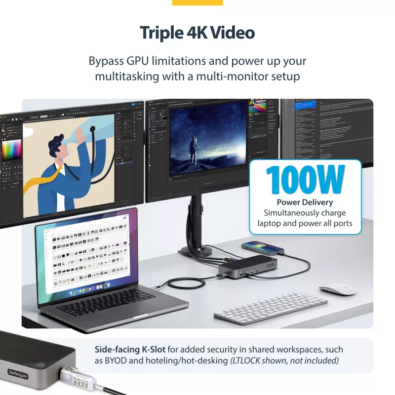 Stacja dokująca StarTech.com USB-C do trzech monitorów - HDMI/DP potrójne 4K USB-C - 5-portowy hub USB - GbE - 100W PD - Uniwersalna stacja dokująca do wielu monitorów - kompatybilna z Thunderbolt 3/4