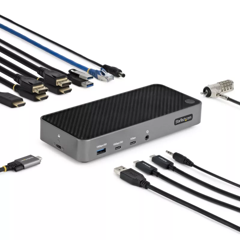 Stacja dokująca StarTech.com USB-C do trzech monitorów - HDMI/DP potrójne 4K USB-C - 5-portowy hub USB - GbE - 100W PD - Uniwersalna stacja dokująca do wielu monitorów - kompatybilna z Thunderbolt 3/4