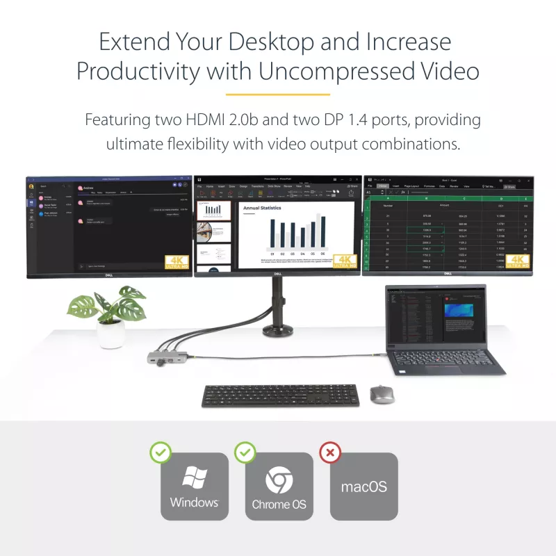 StarTech.com USB-C Triple Monitor Multiport Adapter, Dual 4K 60Hz + 4K 30Hz HDMI i DisplayPort, 3-portowy hub USB 10 Gb/s, 100 W PD Pass-Through, GbE, stacja dokująca podróżna, Windows i ChromeOS