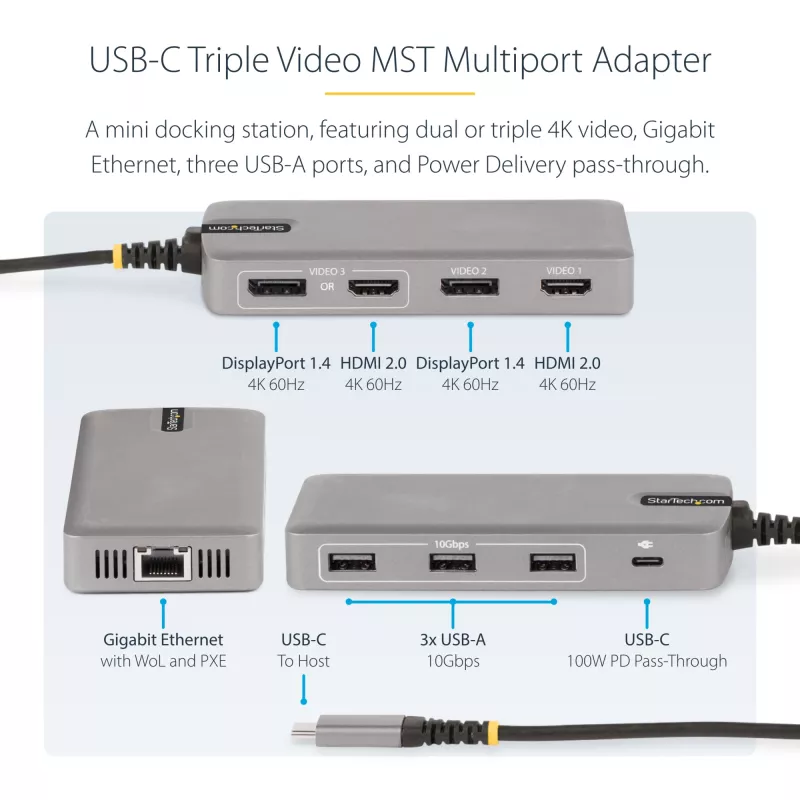 StarTech.com USB-C Triple Monitor Multiport Adapter, Dual 4K 60Hz + 4K 30Hz HDMI i DisplayPort, 3-portowy hub USB 10 Gb/s, 100 W PD Pass-Through, GbE, stacja dokująca podróżna, Windows i ChromeOS