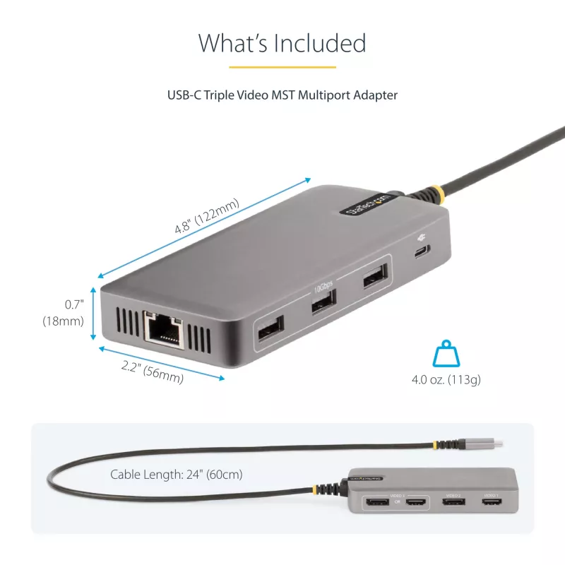 StarTech.com USB-C Triple Monitor Multiport Adapter, Dual 4K 60Hz + 4K 30Hz HDMI i DisplayPort, 3-portowy hub USB 10 Gb/s, 100 W PD Pass-Through, GbE, stacja dokująca podróżna, Windows i ChromeOS