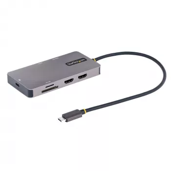 StarTech.com Adapter wielofunkcyjny USB-C, podwójne wyjście wideo HDMI, 4K 60 Hz, hub USB-A 2 porty 5 Gb/s, zasilanie przelotowe 100 W Power Delivery / GbE / SD / MicroSD, kabel 12 cali / 30 cm, stacja dokująca podróżna, stacja dokująca do laptopa