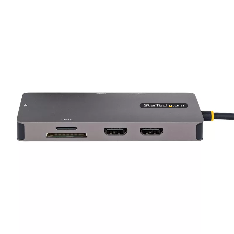 StarTech.com Adapter wielofunkcyjny USB-C, podwójne wyjście wideo HDMI, 4K 60 Hz, hub USB-A 2 porty 5 Gb/s, zasilanie przelotowe 100 W Power Delivery / GbE / SD / MicroSD, kabel 12 cali / 30 cm, stacja dokująca podróżna, stacja dokująca do laptopa