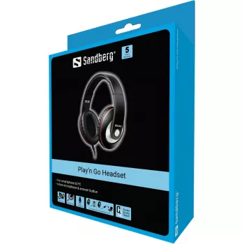 Sandberg Play'n Go Headset Czarny, Przewodowy, Połączenia/Muzyka, 20 - 20000 Hz, 430 g, Zestaw słuchawkowy, Czarny
