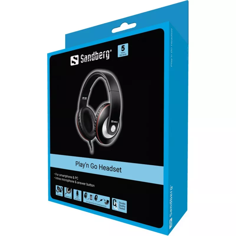 Sandberg Play'n Go Headset Czarny, Przewodowy, Połączenia/Muzyka, 20 - 20000 Hz, 430 g, Zestaw słuchawkowy, Czarny