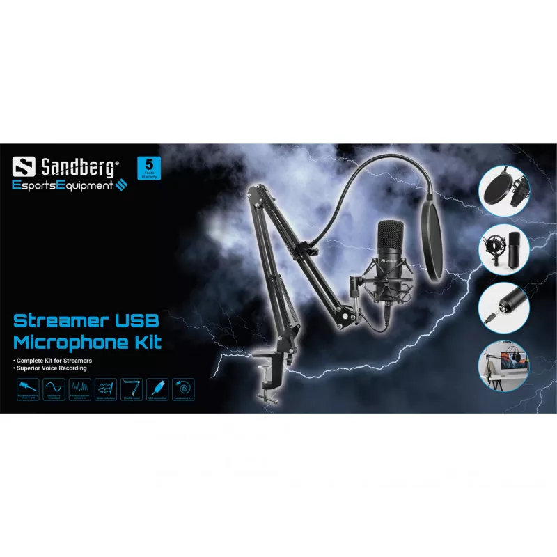 Zestaw mikrofonowy USB Sandberg Streamer, mikrofon studyjny, -27 dB, 30–16000 Hz, 24 bity, 96 kHz, jednokierunkowy