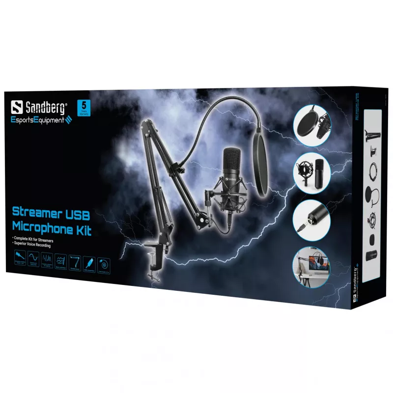 Zestaw mikrofonowy USB Sandberg Streamer, mikrofon studyjny, -27 dB, 30–16000 Hz, 24 bity, 96 kHz, jednokierunkowy