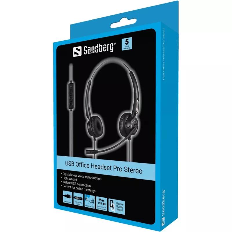 Sandberg USB Office Headset Pro Stereo, Przewodowy, Biuro/Call center, 20 - 20000 Hz, 115 g, Zestaw słuchawkowy, Czarny