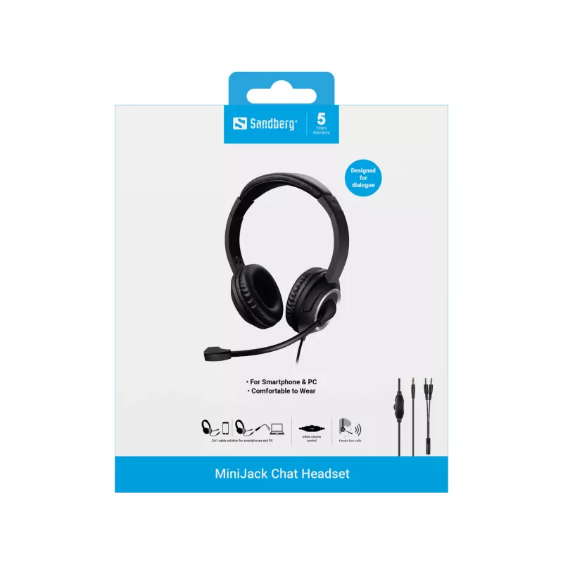 Sandberg MiniJack Chat Headset, przewodowy, połączenia/muzyka, 20–20000 Hz, 180 g, zestaw słuchawkowy, czarny