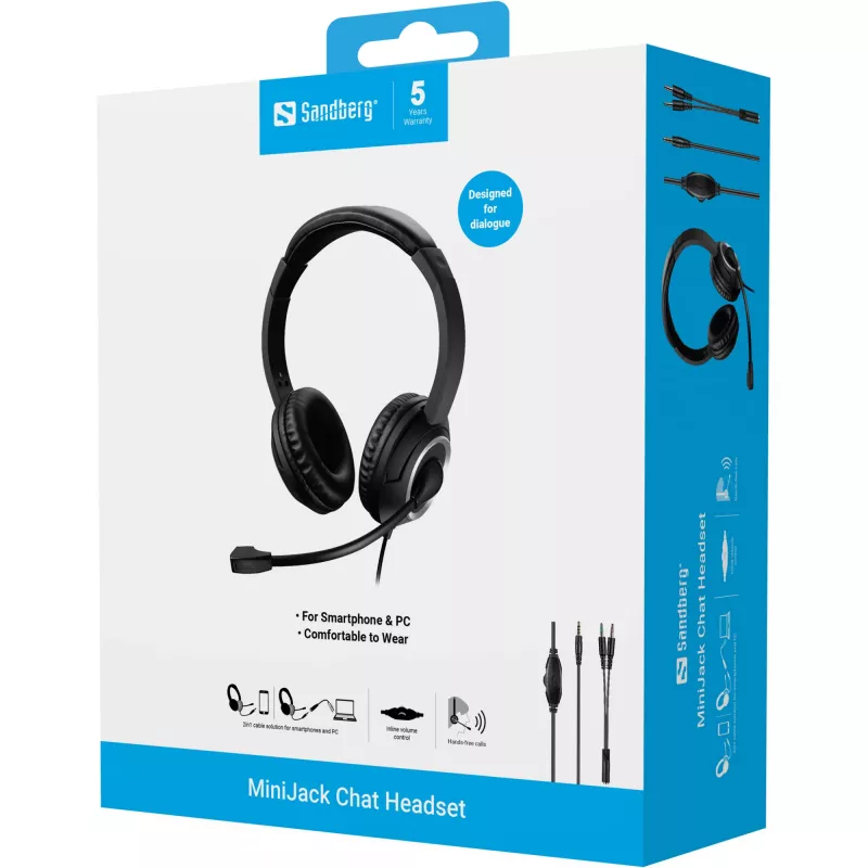 Sandberg MiniJack Chat Headset, przewodowy, połączenia/muzyka, 20–20000 Hz, 180 g, zestaw słuchawkowy, czarny