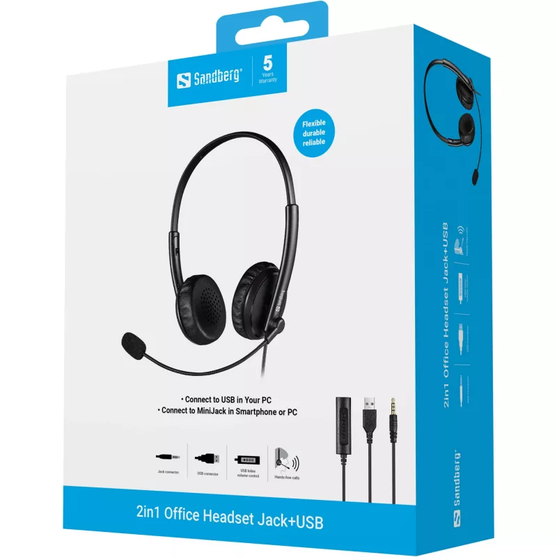 Sandberg 2in1 Office Headset Jack+USB, przewodowy, biuro/centrum telefoniczne, 20–20000 Hz, 110 g, słuchawki nagłowne, czarny