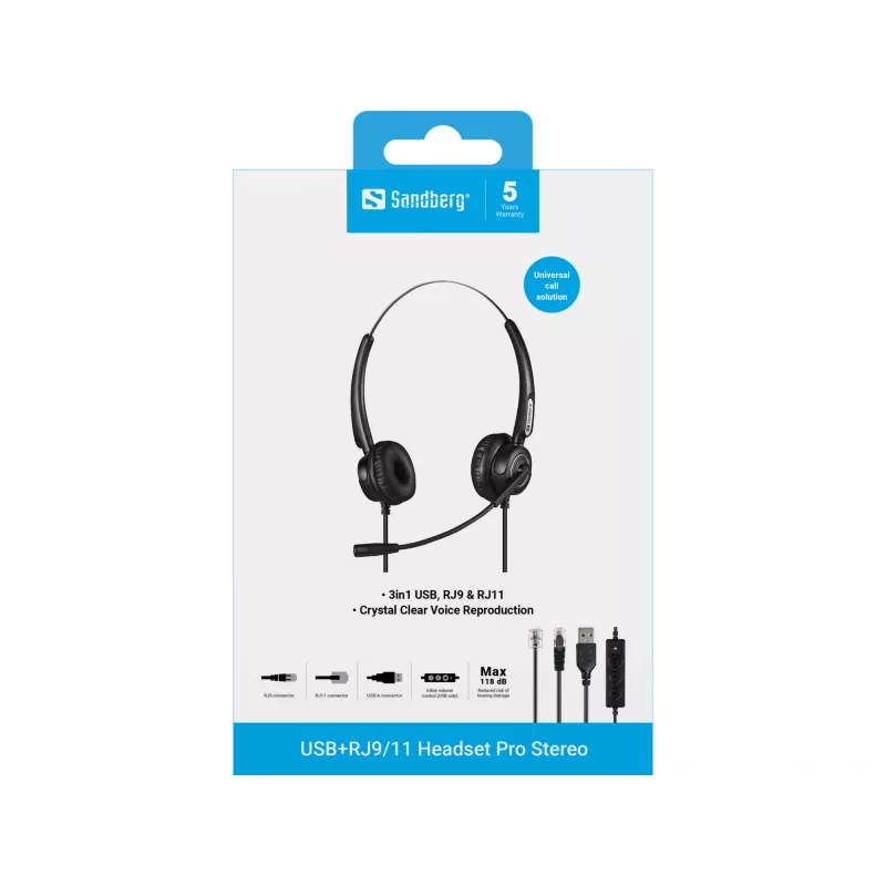 Zestaw słuchawkowy Sandberg USB+RJ9/11 Headset Pro Stereo, przewodowy, biuro/centrum telefoniczne, 20 - 7000 Hz, czarny