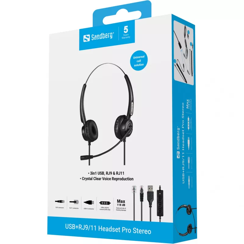 Zestaw słuchawkowy Sandberg USB+RJ9/11 Headset Pro Stereo, przewodowy, biuro/centrum telefoniczne, 20 - 7000 Hz, czarny