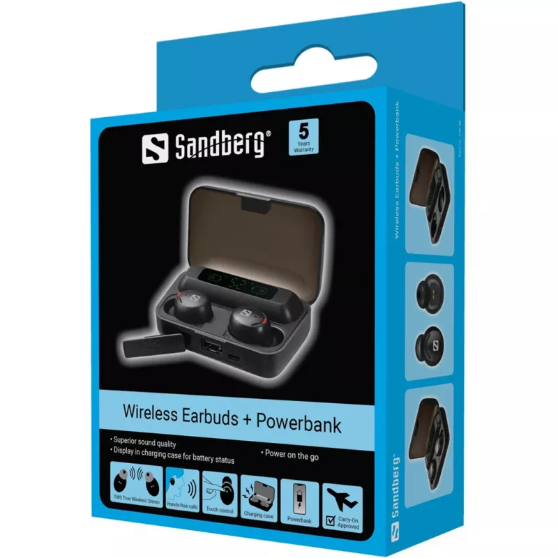 Sandberg Wireless Earbuds + Powerbank, True Wireless Stereo (TWS), 20 - 20000 Hz, Połączenia/Muzyka, Zestaw słuchawkowy, Czarny