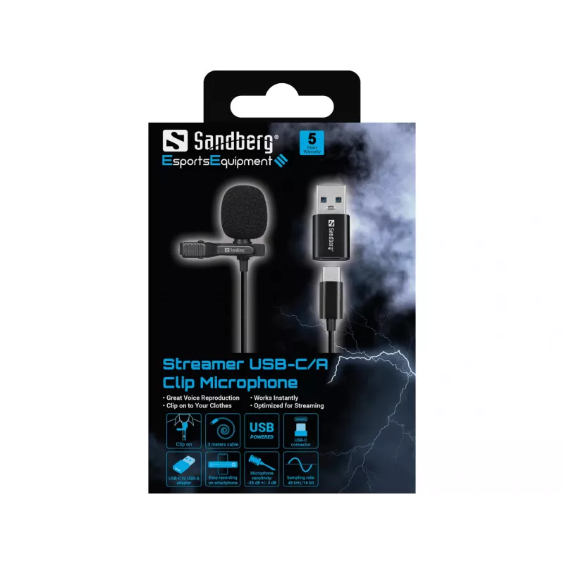 Mikrofon klipsowy USB Sandberg Streamer, mikrofon lavalier/lapel, -38 dB, 50 - 18000 Hz, 16 bit, 48 kHz, 84 dB