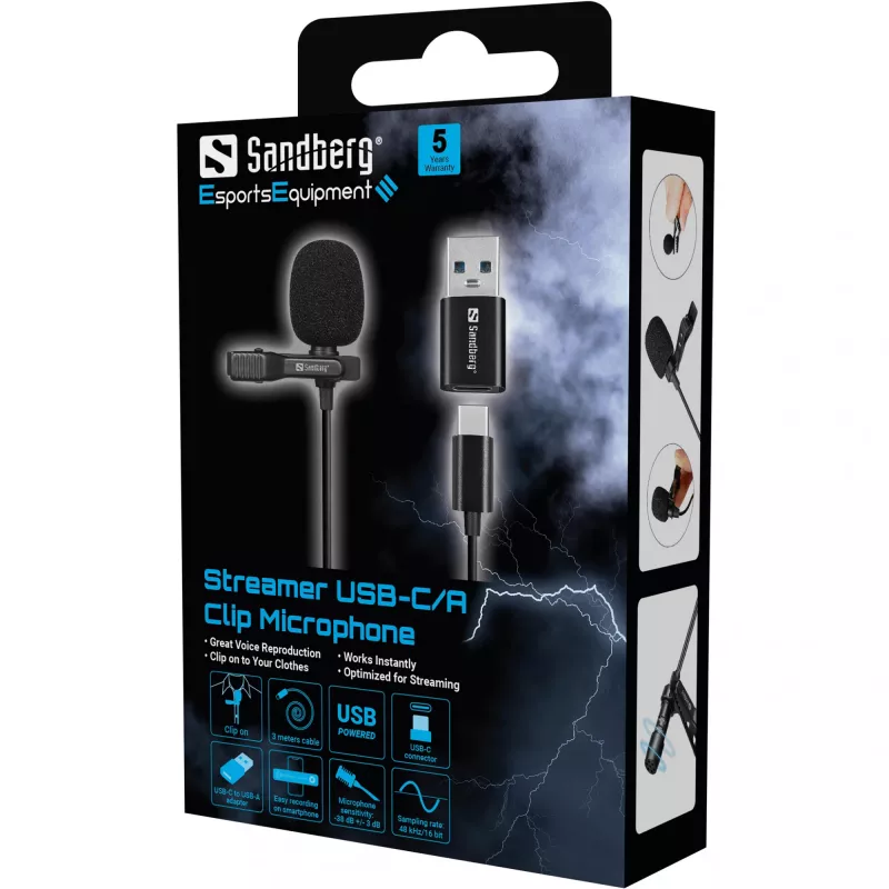 Mikrofon klipsowy USB Sandberg Streamer, mikrofon lavalier/lapel, -38 dB, 50 - 18000 Hz, 16 bit, 48 kHz, 84 dB