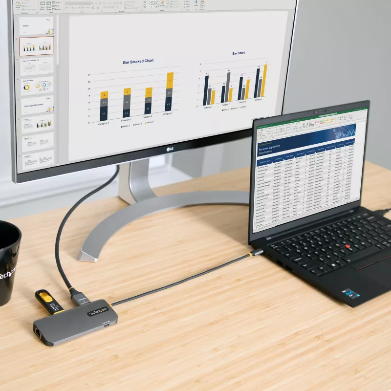 Adapter wieloportowy USB-C StarTech.com, HDMI 4K 60Hz, 3-portowy hub USB 5 Gb/s, zasilanie 100W PD, GbE, kabel 30 cm, mini stacja dokująca do laptopa