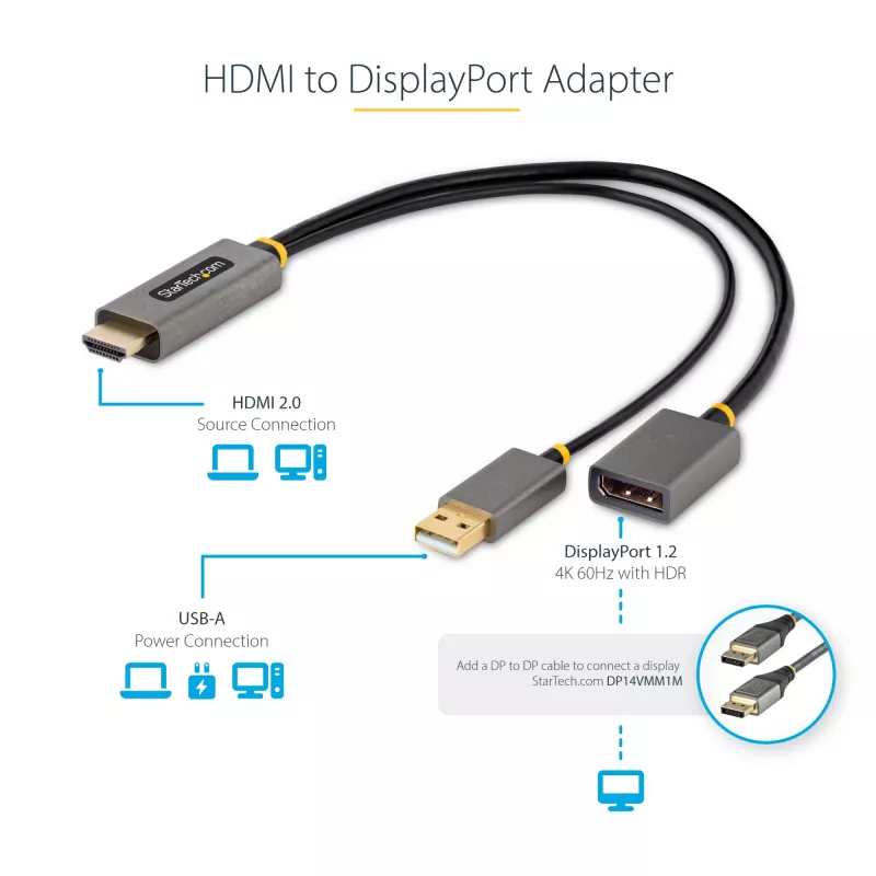 adapter kablowya StarTech.com HDMI na DisplayPort 1ft (30cm), aktywny konwerter 4K 60Hz HDMI 2.0 do DP 1.2, HDR, zasilany przez magistralę USB, źródło HDMI do monitora DisplayPort dla laptopów/komputerów stacjonarnych