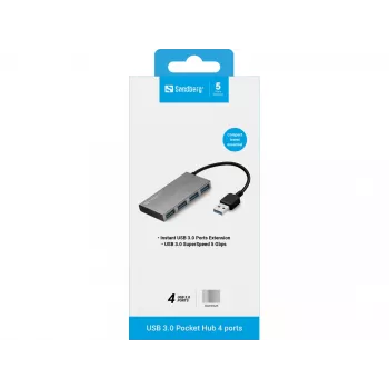 Sandberg USB 3.0 Pocket Hub 4 porty, USB 3.2 Gen 1 (3.1 Gen 1) Typ-A, USB 3.2 Gen 1 (3.1 Gen 1) Typ-A, 5000 Mbit/s, Biały, Aluminium, RoHS